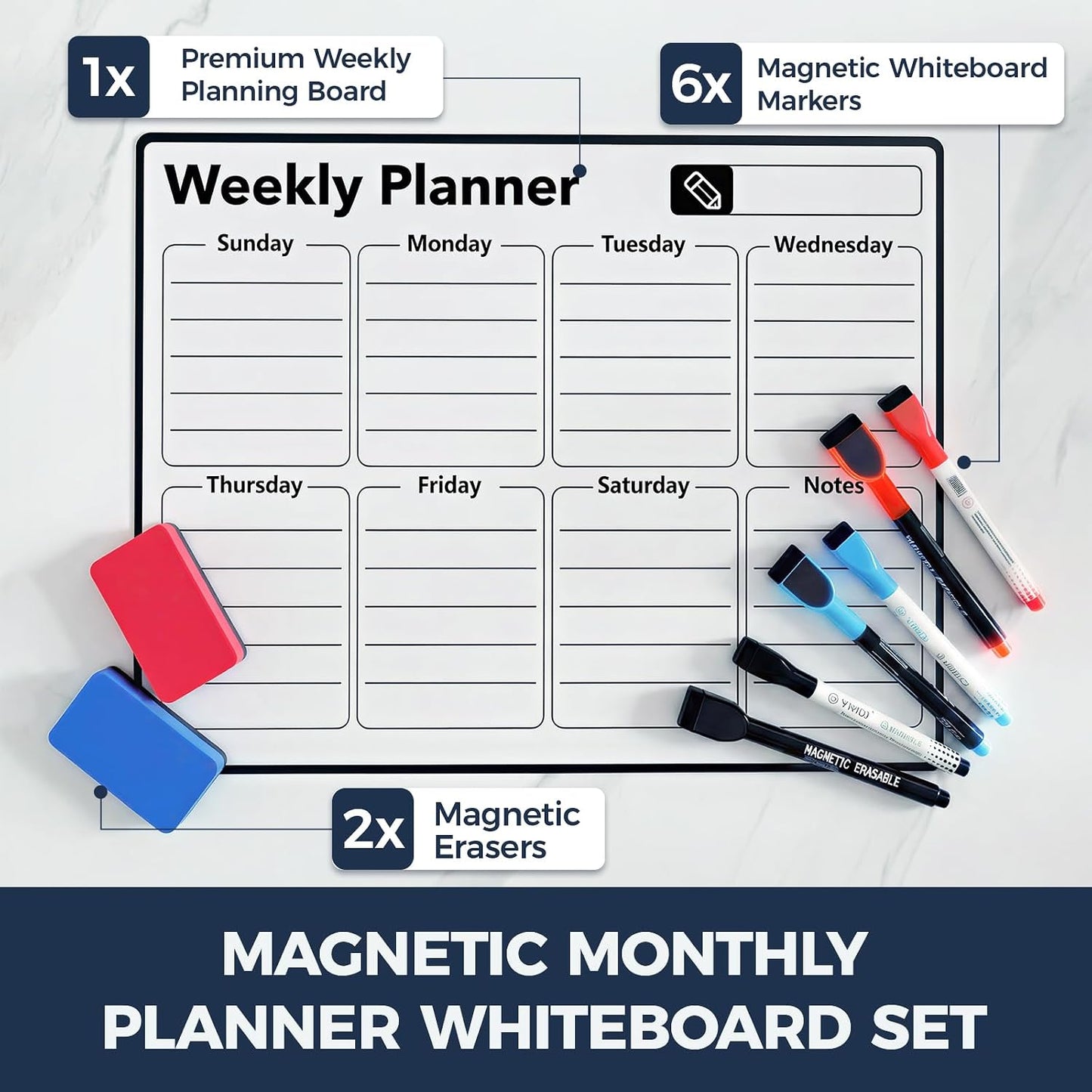 Magnetic Dry Erase Calendar for Refrigerator - 11"x8" Compact Fridge Whiteboard with 6 Markers & 2 Erasers, Weekly Planner, Sunday Start