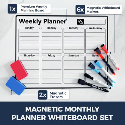 Magnetic Dry Erase Calendar for Refrigerator - 11"x8" Compact Fridge Whiteboard with 6 Markers & 2 Erasers, Weekly Planner, Sunday Start
