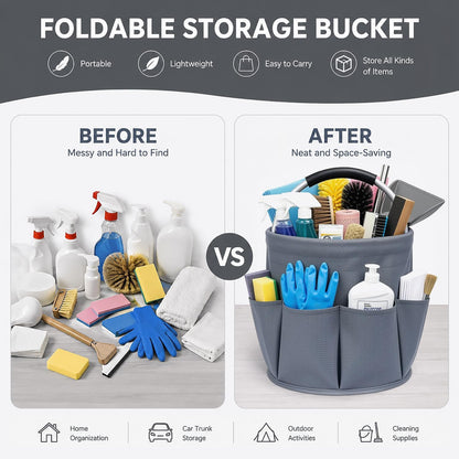 Cleaning Caddy with Handle, 17L Foldable Storage Basket, Heavy Duty 600D Oxford Cloth Organizer, Portable Supply Bag, Multi-Purpose Supplies Caddy for Home, Bathroom, Kitchen, Garden - Black