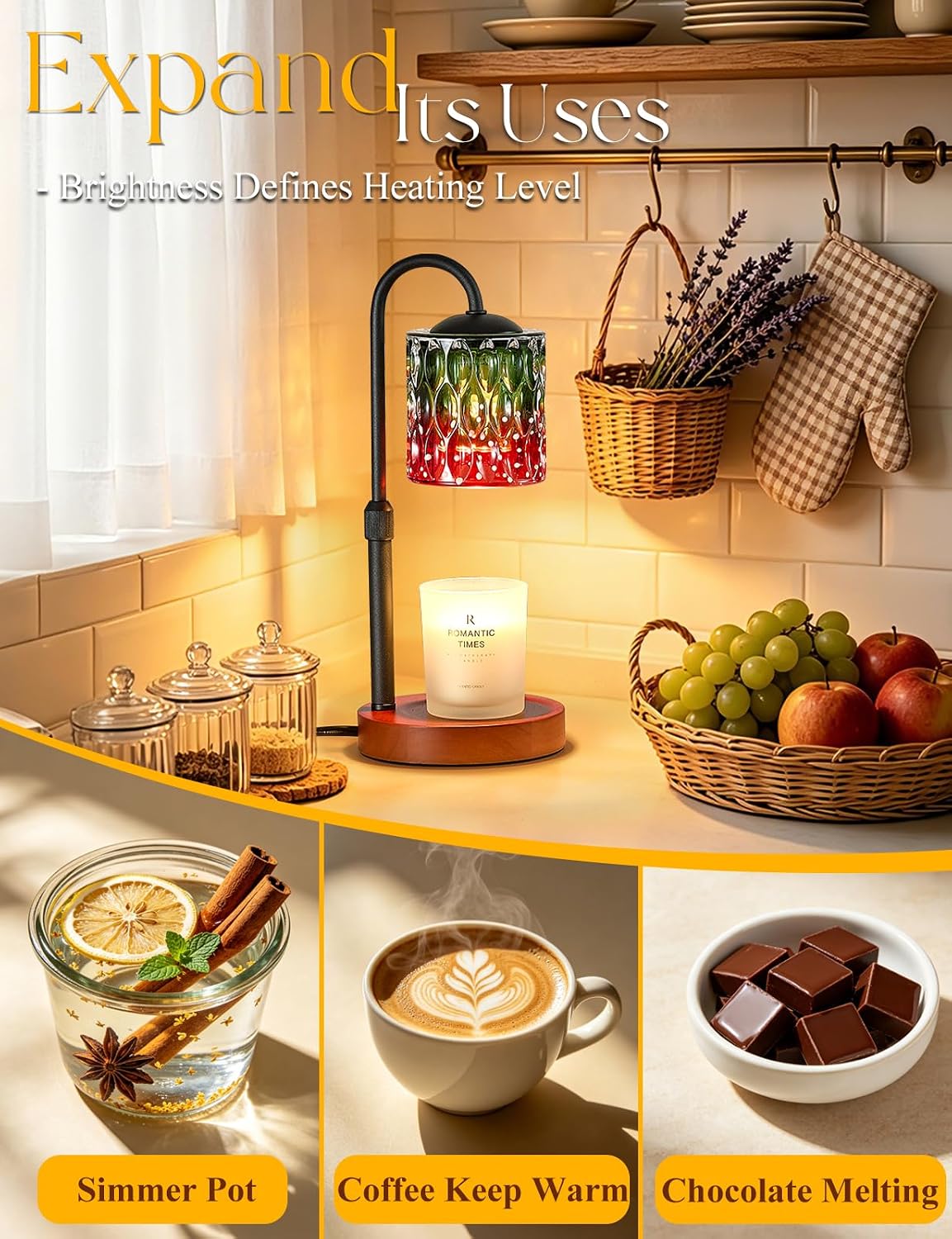 Briever Dimmable Candle Warmer Lamp with Timer, Height Adjustable Electric Candle Wax Warmer, Christmas Birthday Gifts for Women Mom, House Warming Gifts New Home Room Decor, Black Solid Wood Base