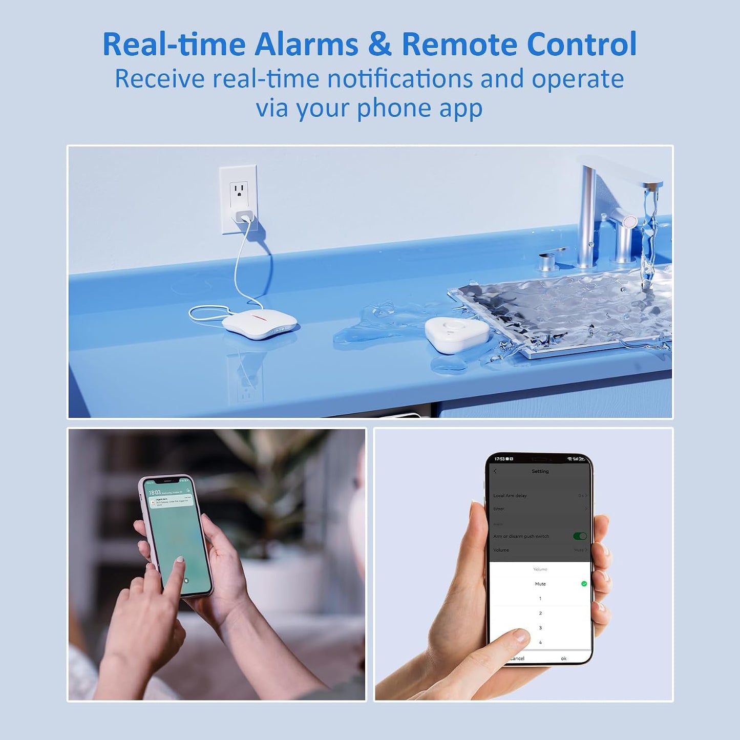 Smart Water Leak Detectors for Home WiFi with App Alerts, Stechro Ajustable 120dB Water Sensor Alarm Leak Detector for Basements Sink Kitchen Laundry, 4 Water Sensors & 1 Gateway