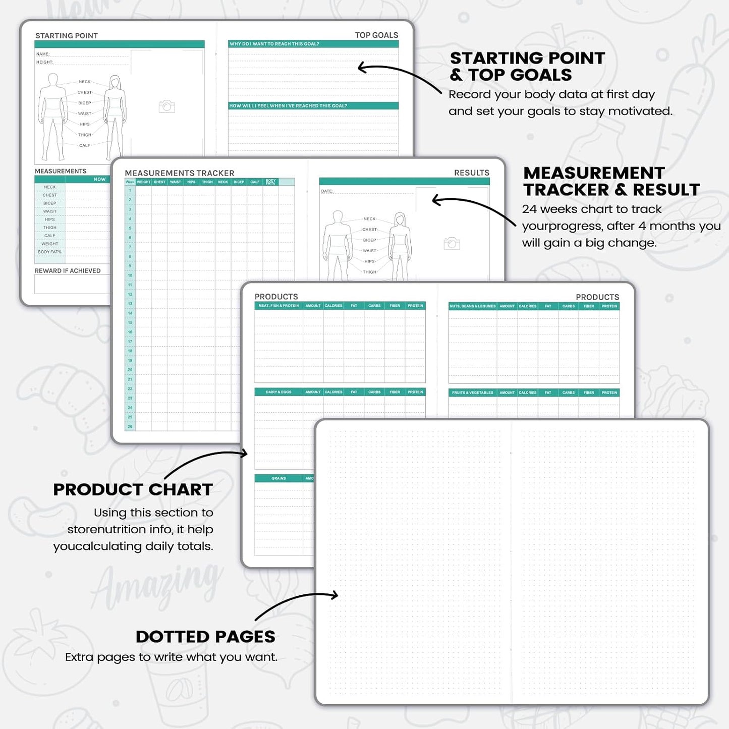 Food Journal - Journal for Women Weight Loss, 5.8" x 8.3", 6 Months Meal Planner to Count Calories Health Journals for Women/Men, Keep Healthy Diet & Achieve Fitness Goals - Rose Gold