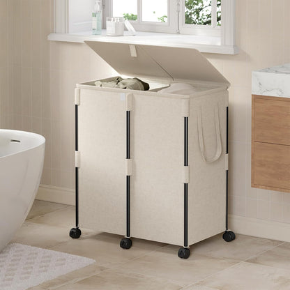 140L Double Laundry Hamper with Lid and 6 Wheels, Rolling Laundry Basket | Gasvadivum Metal Frame Laundry Sorter 2 Section with 2 Removable Bags, Large Clothes Cart for Bedroom, Bathroom, Black