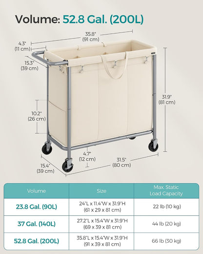 SONGMICS Laundry Basket with Wheels, 4-Section Rolling Laundry Hamper, 68.6 Gallons (260 L), Removable Liner, Steel Frame with Handle, 43.3 x 15.4 x 31.9 Inches, Cream White URLS014W01