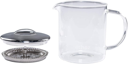 Ethoz by Planetary Design Borosilicate Glass TeaBrewer, Loose-Leaf Infuser | Borosilicate Chamber, Stainless Steel Strainer, 14 fl.oz. / 400 mL, Minimalist Design, Sustainable & Easy to Clean