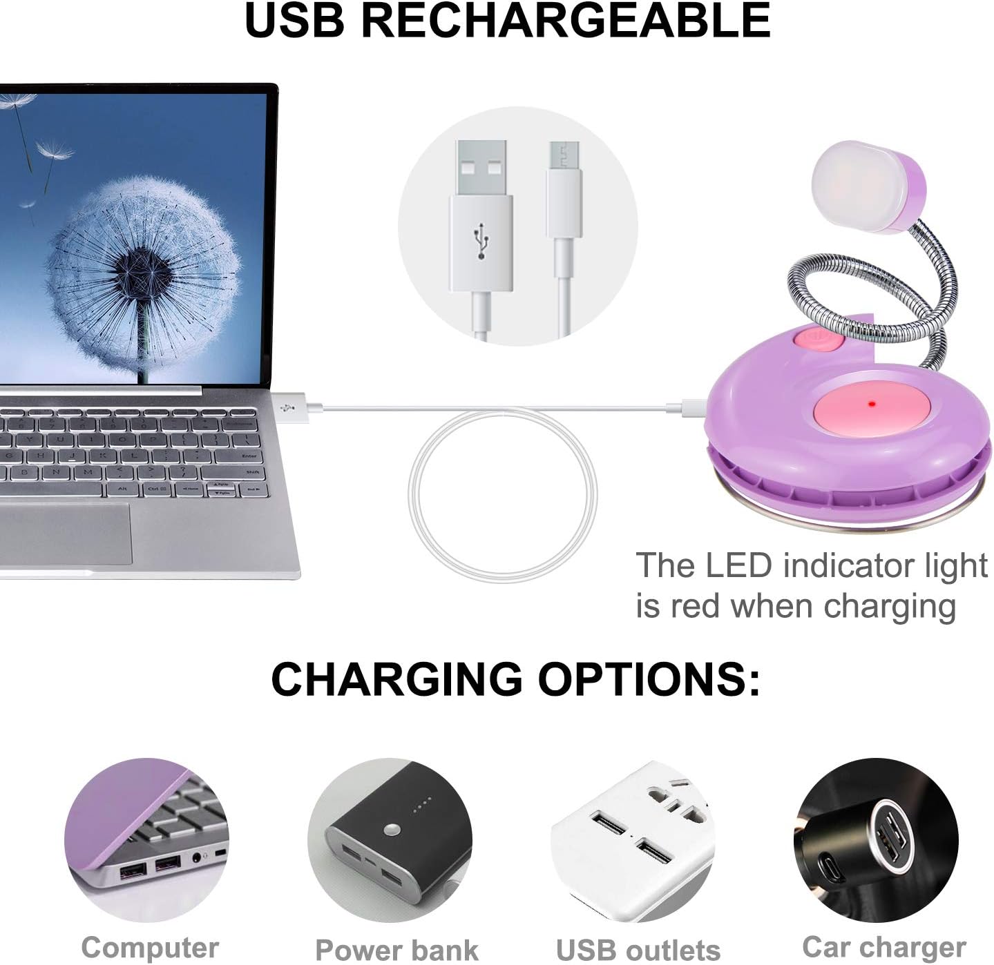 LUXSWAY Rechargeable Reading Light for Kids, LED Book Light with Magnetic Clip and Flexible Gooseneck, Cute Amber Bookmark Light - Violet