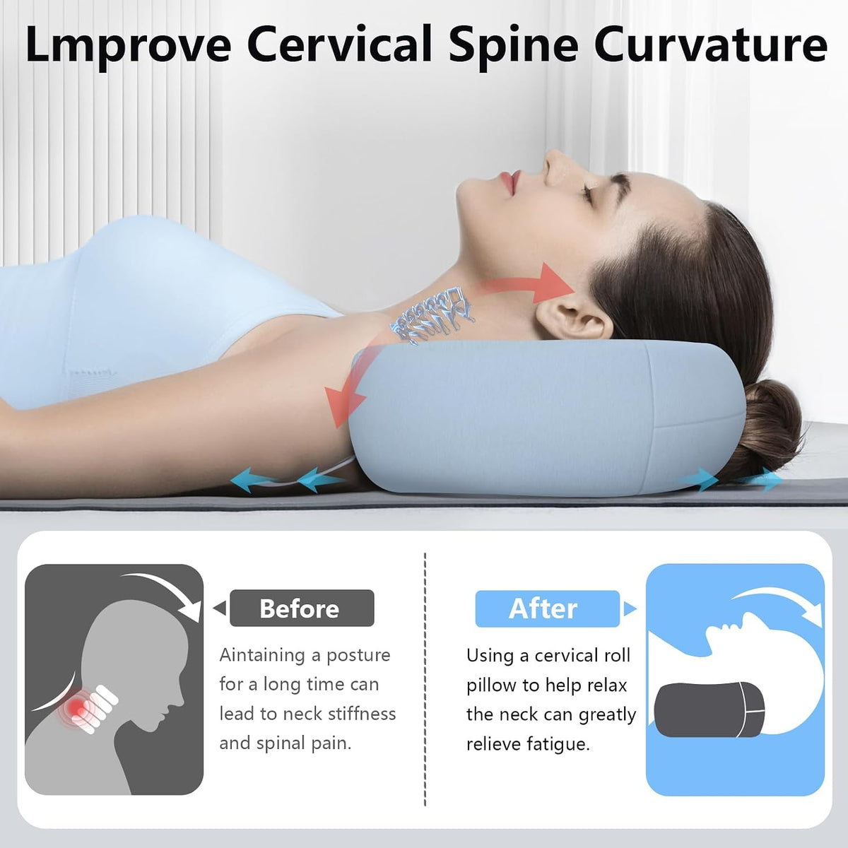 Cervical Neck Roll Pillow, Say Goodbye to Neck Pain, Travel Neck Support Pillow for Side Sleepers, Ergonomic Memory Foam Camping Pillow, Cervical Traction Device with Storage Bag (Blue)