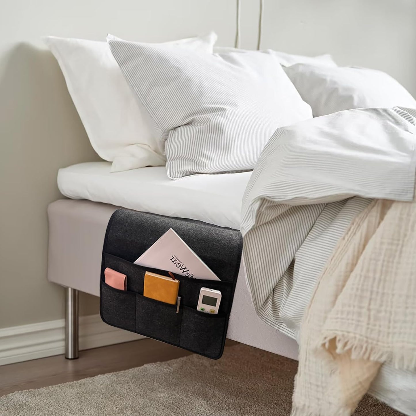 Bedside Caddy, Sofa Caddy, Storage Organizer Pocket for Dorm, Bedroom, 5 Pockets Felt Organizer for Magazine, Remote, Phone, Tablet, Pad, Glasses, Pen, Remote Control (Light Grey-Short)