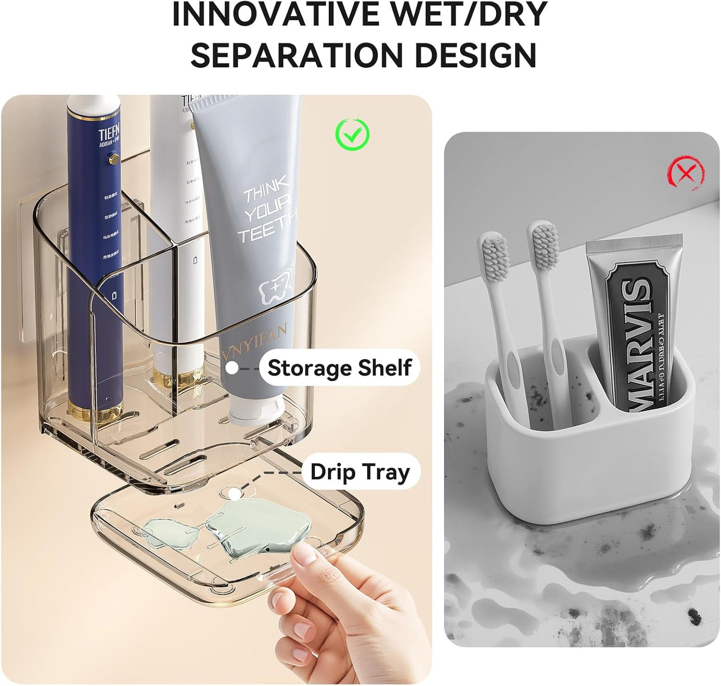 3 Slots Toothbrush Holders with Detachable Dividers for Bathrooms | Toothbrush Holder Wall Mounted with Drip Tray, Electric Tooth Brush and Toothpaste Holder Organizer for Bathroom Countertop