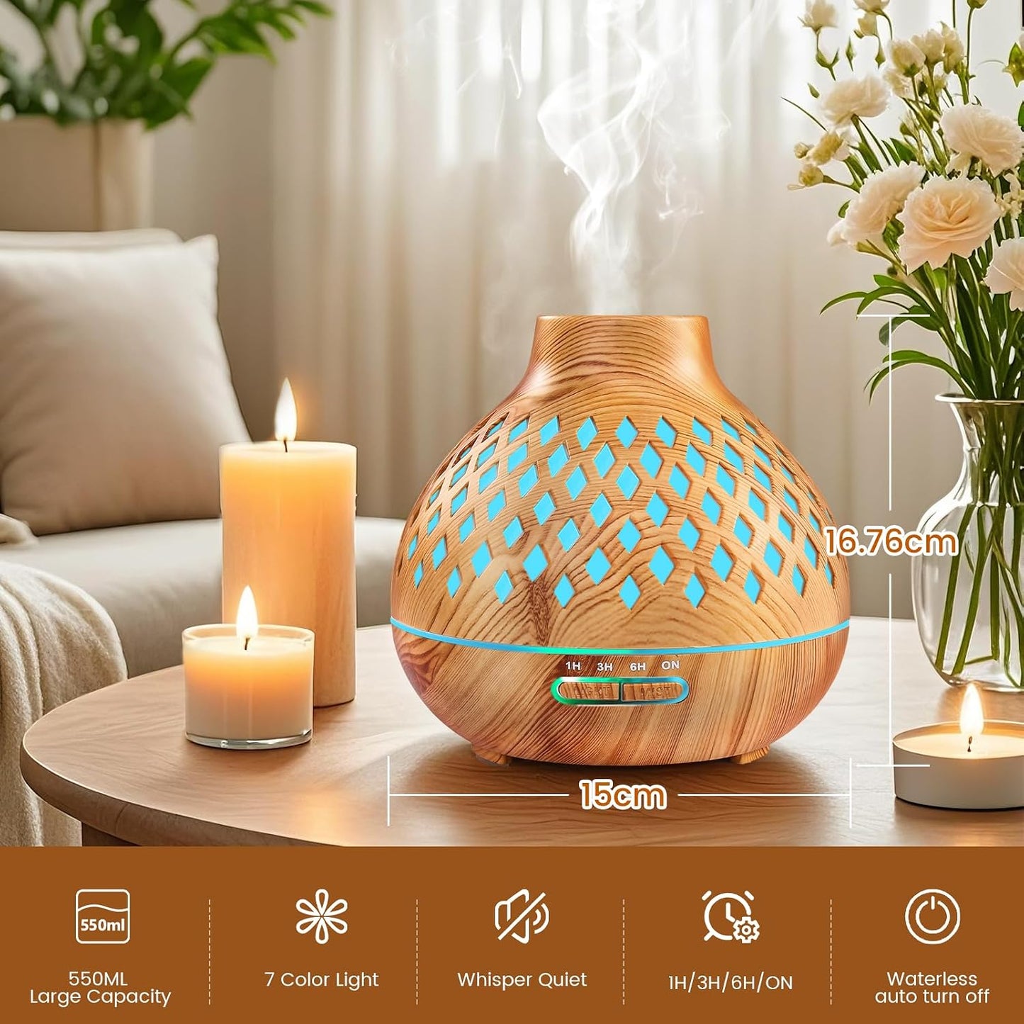 Aeshory Aromatherapy Diffuser & 12 Essential Oils Set, 550ML Aromatherapy Diffuser for Home, Ultrasonic Cool Mist Humidifier with Remote Control 4 Timer 7 Color LED Light, Waterless Auto Off, Dark