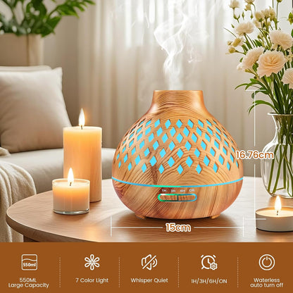 Aeshory Aromatherapy Diffuser & 12 Essential Oils Set, 550ML Aromatherapy Diffuser for Home, Ultrasonic Cool Mist Humidifier with Remote Control 4 Timer 7 Color LED Light, Waterless Auto Off, Dark