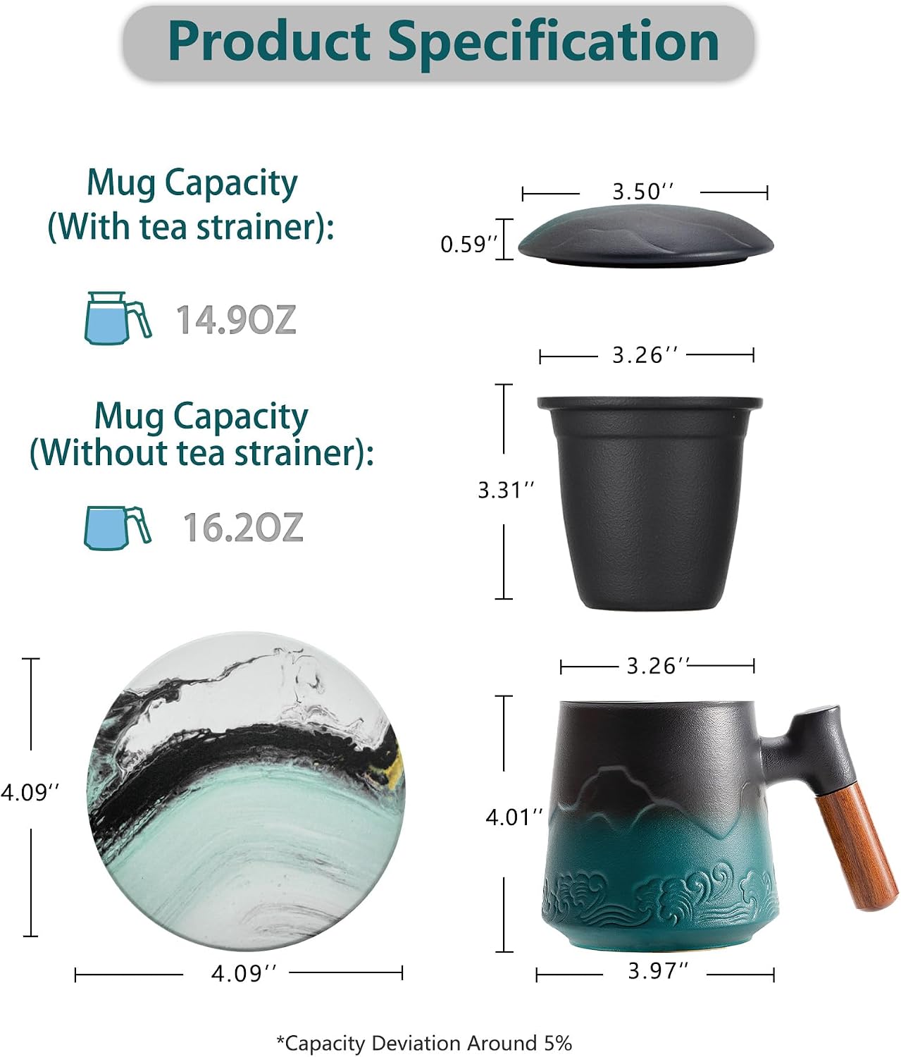 ZENS Tea Cup with Infuser and Lid & Coaster for Tea Steeper, 15oz Blue | Embossed Ceramic Tea Infuser Mug for Loose Leaf Tea Difussers, Tea Lovers Gifts, Nature Wood Handle