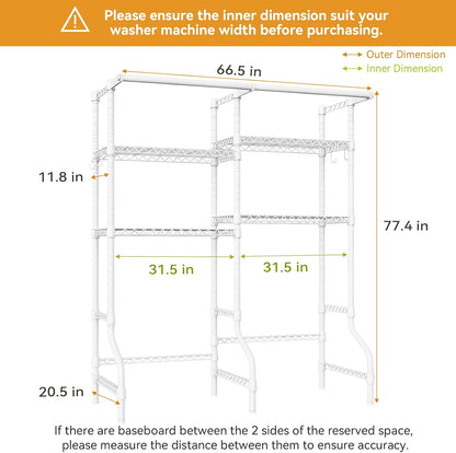 U14 Over Washer and Dryer Storage Shelves, 4 Tiers Laundry Room Storage and Organizer System, Space Saving Clothes Drying Rack with 2 Clothes Hanger Rods, 66.5" W x 20.5" D x 77.4" H, Black