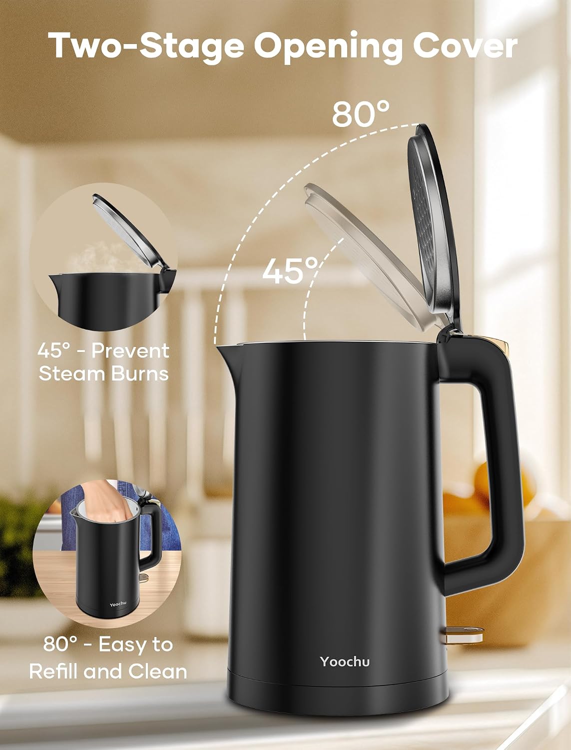Electric Tea Kettle, 1.7L Stainless Steel Cool Touch Double Wall, Hot Water Boiler, 1500W Fast Boiling, Boil Dry Protection, BPA-Free, Black