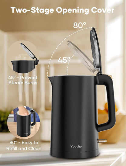 Electric Tea Kettle, 1.7L Stainless Steel Cool Touch Double Wall, Hot Water Boiler, 1500W Fast Boiling, Boil Dry Protection, BPA-Free, Black