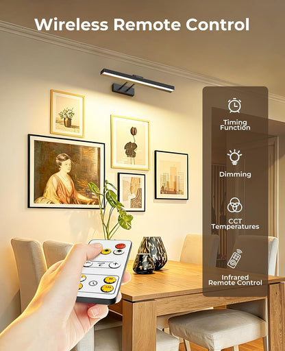 Picture Light for Wall, 16in Battery Wall Sconce Art Light CCT Dimmable Magnetic Battery Lights for Painting with Remote Control for Gallery Artwork Living Room Portraits Hallway 2PCS Black