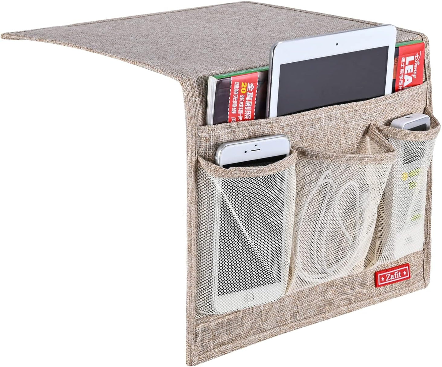 Zafit Linen 4 Pockets Bedside Caddy, Bedside Storage Organizer for Magazine, Remotes, Phone (Beige, Classic 4 Pockets)