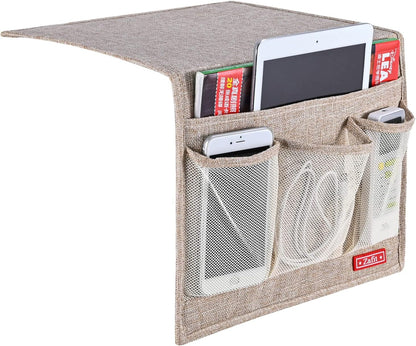 Zafit Linen 4 Pockets Bedside Caddy, Bedside Storage Organizer for Magazine, Remotes, Phone (Beige, Classic 4 Pockets)