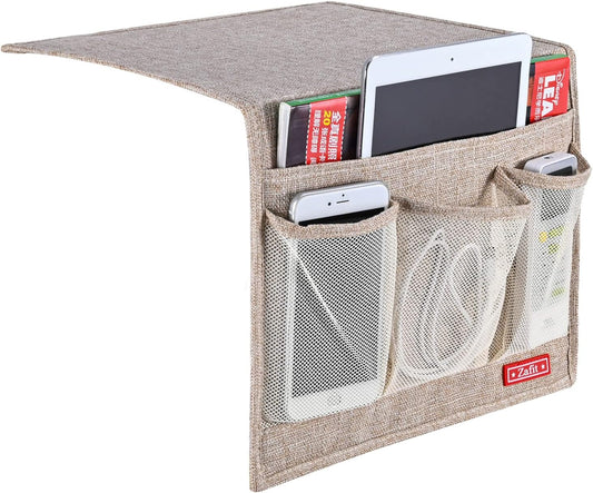Zafit Linen 4 Pockets Bedside Caddy, Bedside Storage Organizer for Magazine, Remotes, Phone (Beige, Classic 4 Pockets)