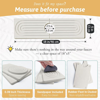 Faucet Mat for Kitchen Sink, 18" Wide Diatomite Fast Drying Stone Tray, Super Absorbent, Prevents Moisture Buildup, Faucet Water Splash Guard for Bathroom Counter, Sink Protector Gift for Mom, White