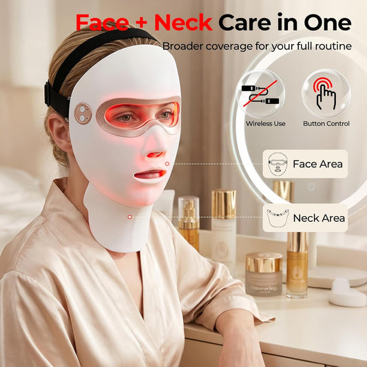 Red Light Therapy for Face and Neck, Cordless LED Face Mask | 8-Color Multi-Mode Skincare Device, Detachable Neck Panel, 3-Level Warming, Rechargeable for Home Use