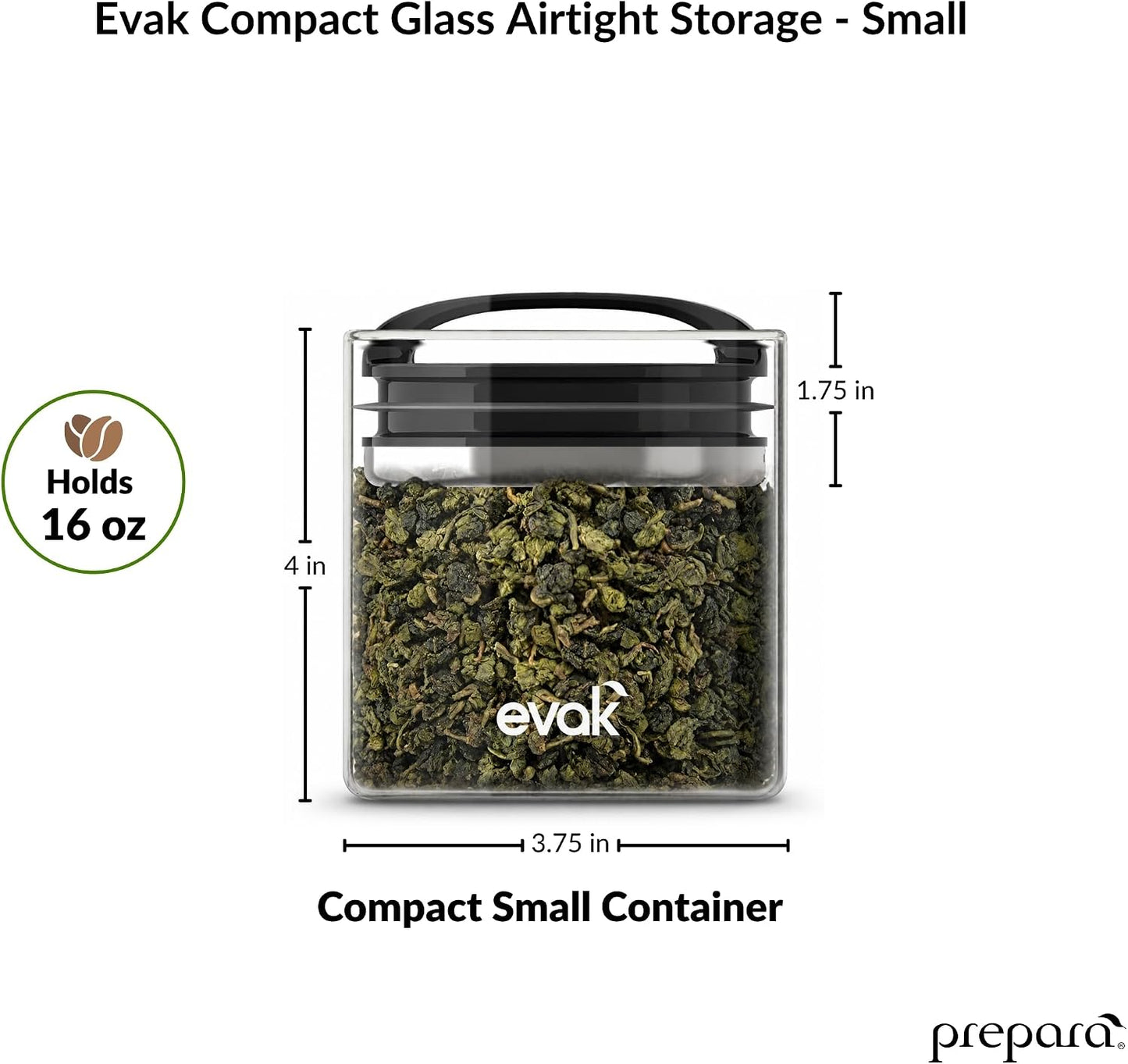 Prepara Evak Compact Glass Food Storage, Small, Black | Borosilicate Glass Container Vacuum Seal Lid & Black Handle, Odor & BPA-Free, Ideal for Coffee, Tea, Pantry Dry Goods