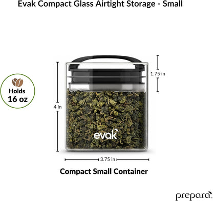 Prepara Evak Compact Glass Food Storage, Small, Black | Borosilicate Glass Container Vacuum Seal Lid & Black Handle, Odor & BPA-Free, Ideal for Coffee, Tea, Pantry Dry Goods