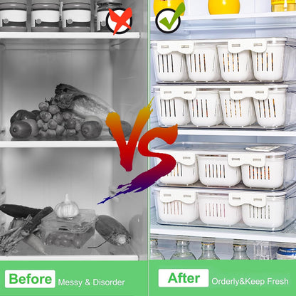 Fruit Storage Containers for Fridge with Lid and Handle, Veggie Tray Bins | Portable Fresh Produce Saver, Food Storage Container with 4 Removable Strainers,Salad Bar for Berry, Vegetable, Refrigerator