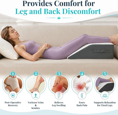 Yojoker Leg Elevation Pillow Blood Circulation, Memory Foam Wedge Pillow for Legs Swelling, Leg Elevation Pillows for After Surgery, Knee Wedge Pillow for Sleeping Back Hip Ankles Relief White/Grey