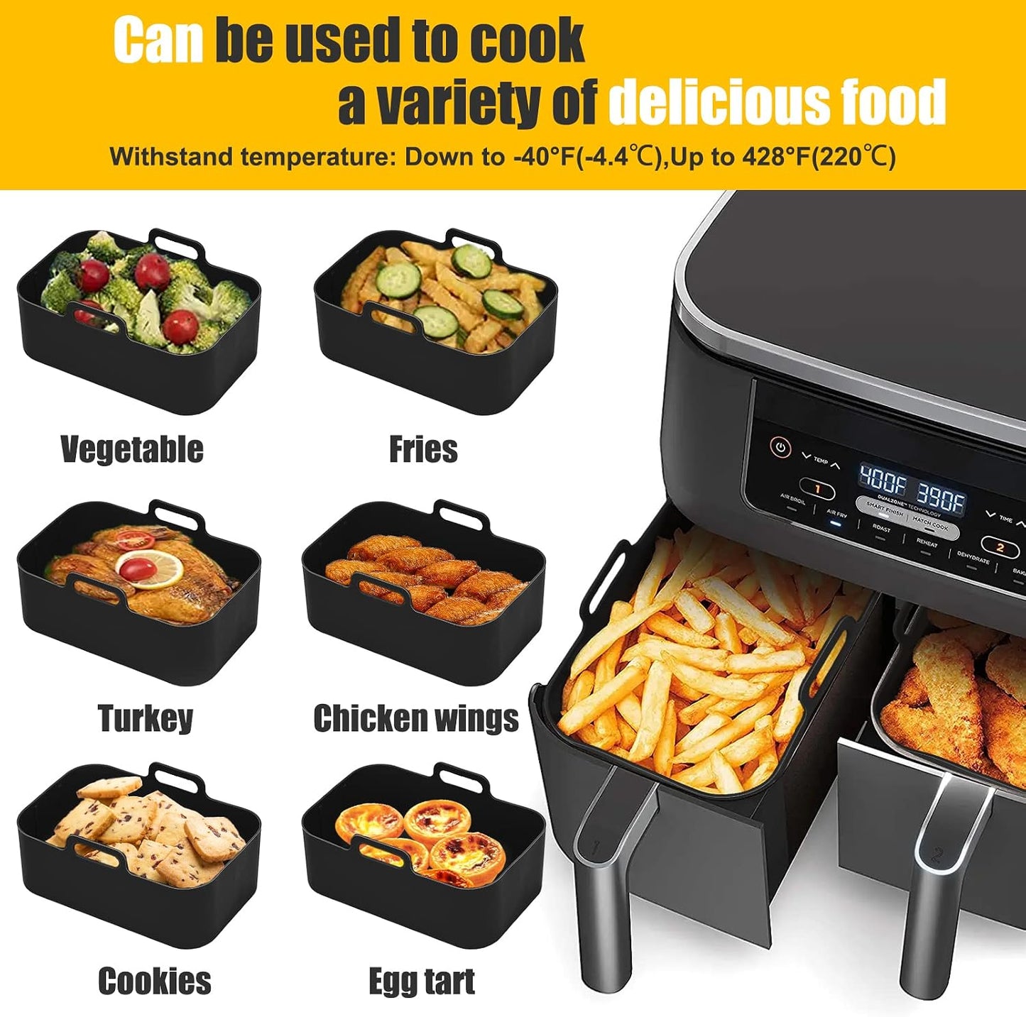 2Pcs Air Fryer Silicone Liners Rectangular for Ninja Foodi Dual DZ201 8QT | DZ090 6QT/Ninja DoubleStack SL201 8QT, MMH Reusable Airfryer Pot Baking Basket | Non-stick | Easy Cleaning | Food Safe | Gray