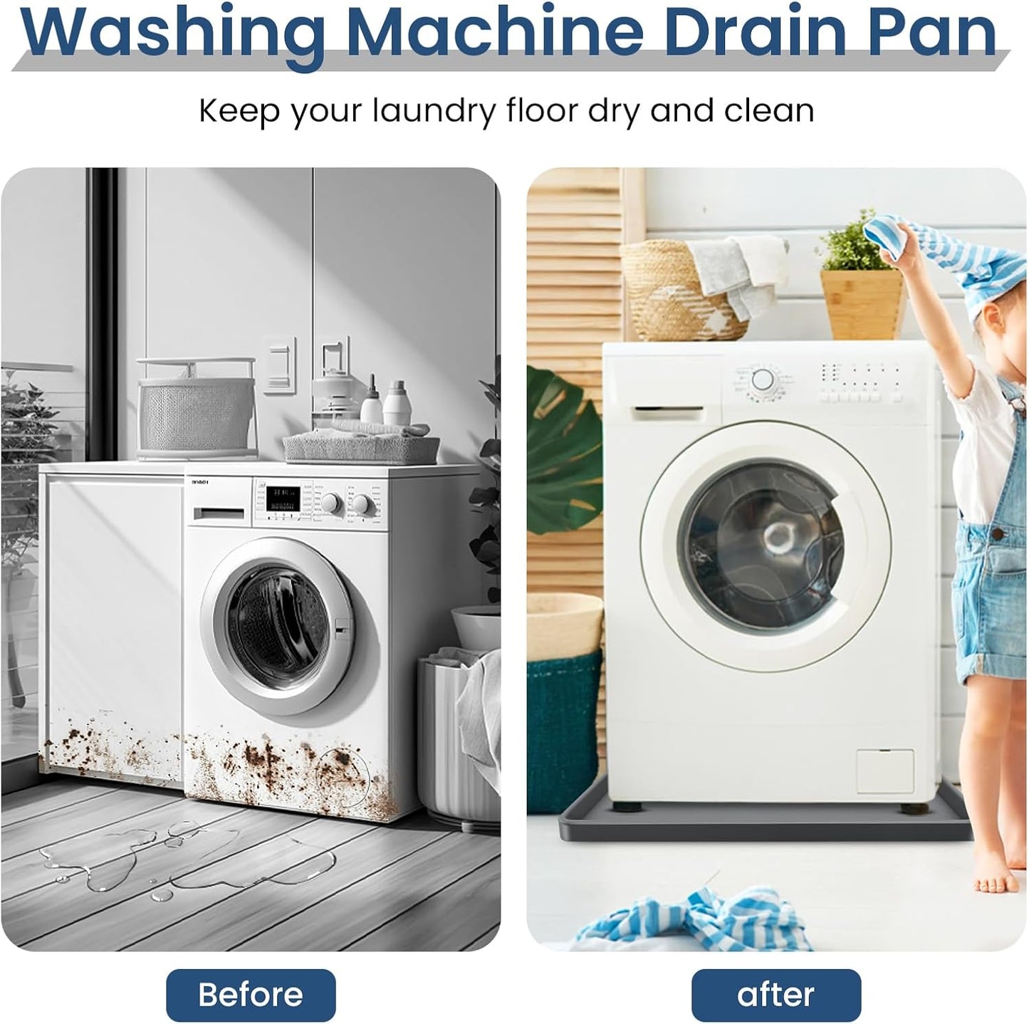 33 X 30 inch Large Thickened Silicone Washing Machine Drain Pan (Grey) | 1-1/5" Raised Edge , Leak Protection Anti-Vibration Non-Slip Washing Machine Tray for Washer Dryer Other Appliances （Black）