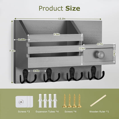 Key Holder Wall Mount, Wooden Key and Mail Organizer, Black | 2 Mount Options, Includes 8 Hooks, Fence Mail Slot, Small Drawer and Shelf, for Entryway, Hallway, Doorway, Living Room, RV
