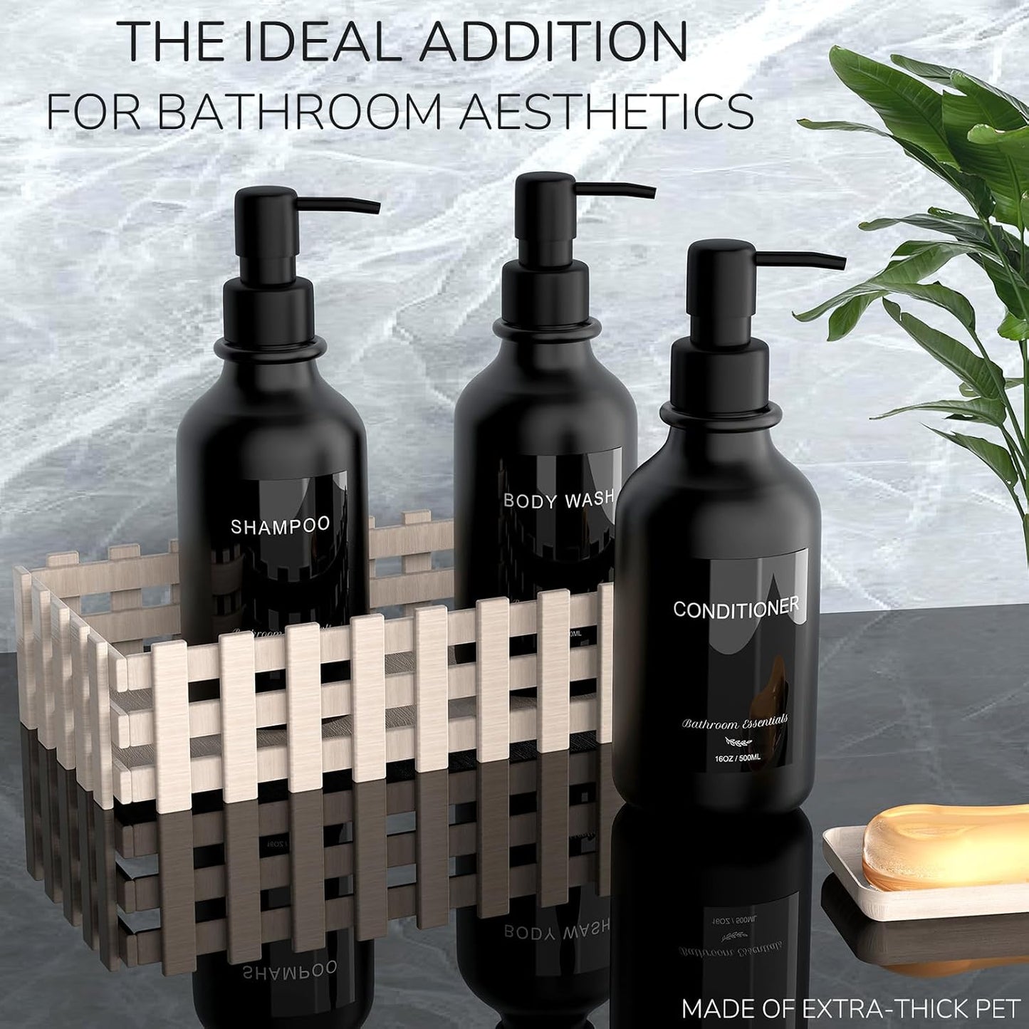 Modern Shampoo and Conditioner Dispenser - Shower Soap Dispenser Wall Mounted - 3-Pack 16 oz Plastic Amber Bottles with Black Pumps - Stylish Shampoo Dispenser, Shower Dispenser 3 Chamber No Drill