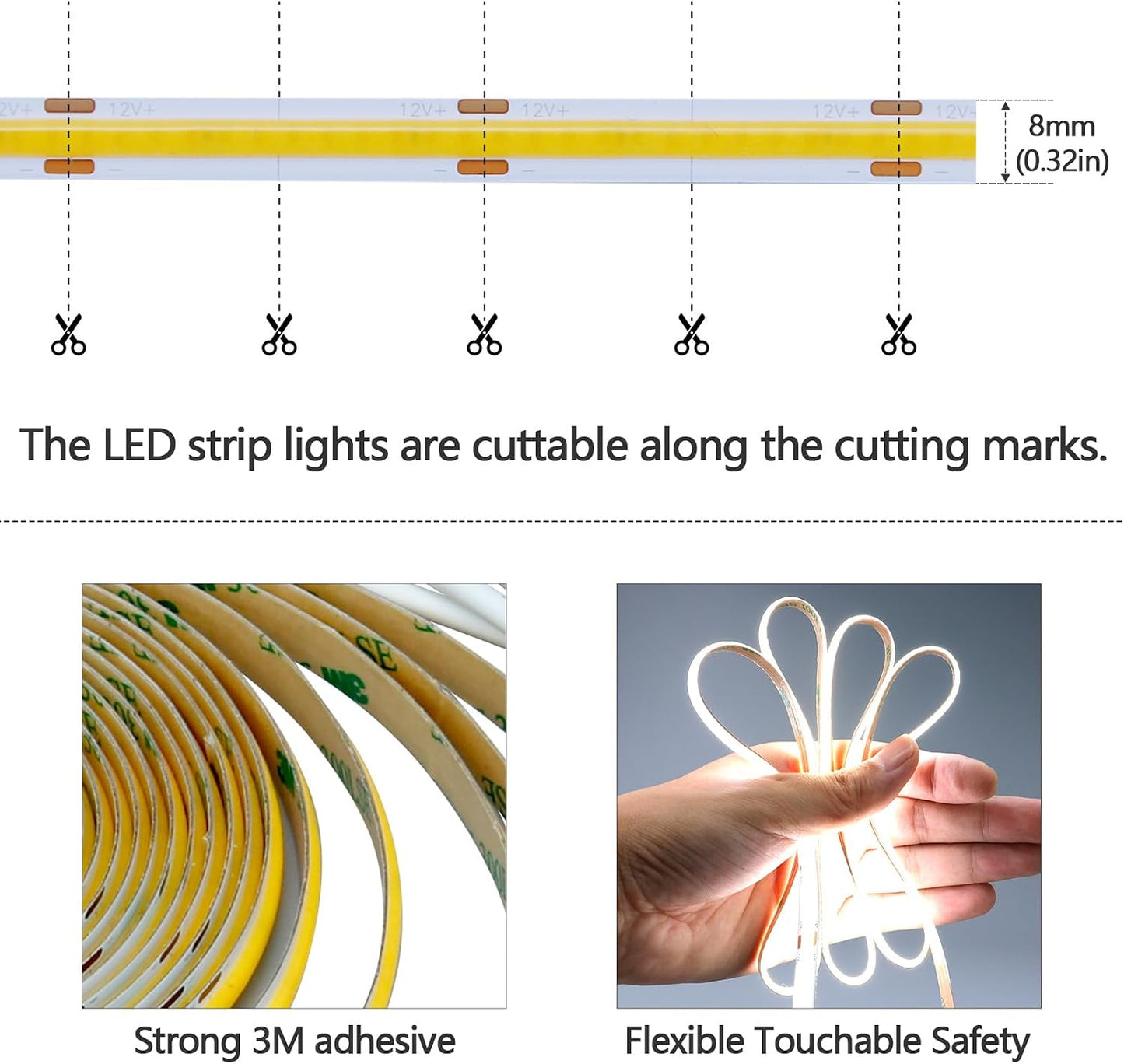 GOMING Motion Sensor COB LED Light Strip 16.4ft(5M) Cool White 6000K | 3 Lighting Modes 3 Timing Off Modes 3 Brightness Modes with Power Adapter for Kitchen Cabinets Stair Showcase Bedroom Bed