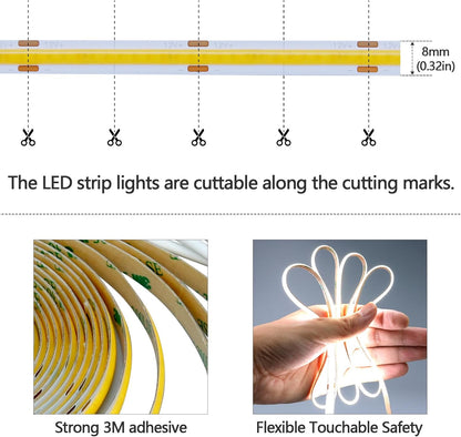 GOMING Motion Sensor COB LED Light Strip 16.4ft(5M) Cool White 6000K | 3 Lighting Modes 3 Timing Off Modes 3 Brightness Modes with Power Adapter for Kitchen Cabinets Stair Showcase Bedroom Bed