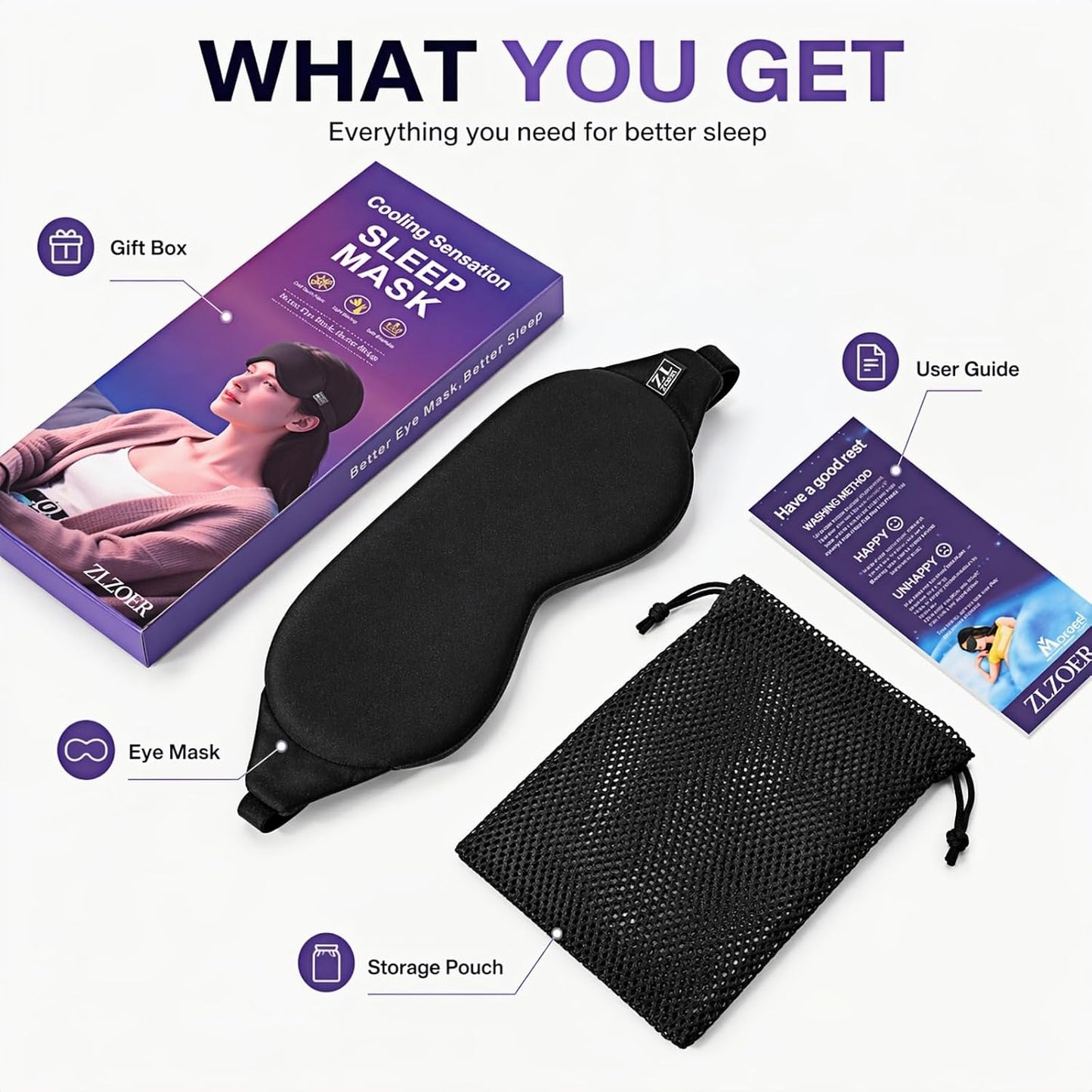 Cool Touch Cotton Eye Sleep Mask for Men & Women, Soft Breathable Flexible Fit for Side Sleepers, Adjustable Light Blocking Mask for Sleeping, Airplane Travel & Naps (Black)