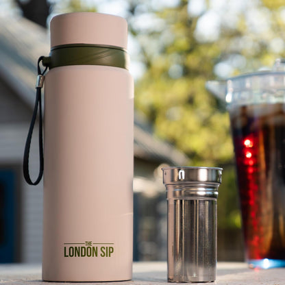 London Sip 25 oz Multi-Function Travel Mug and Tumbler Tea Infuser Water Bottle Fruit Infuser Flask Hot and Cold Double Wall Stainless Steel Coffee Thermos, Zen Black