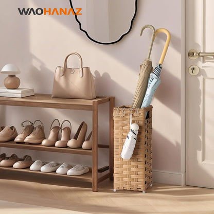 Rattan Umbrella Stand, Umbrella Holder for Entryway, Hand Woven Umbrella Rack Organizer Freestanding, with a Detachable Drip Tray, 4 Hooks, 11.8" L x 5.5" W x 16.5" H, Natural