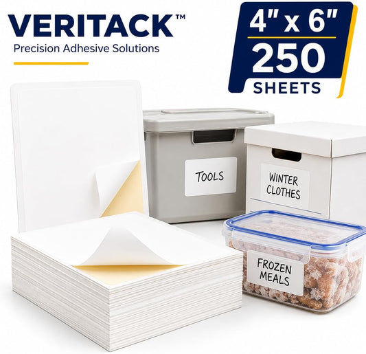 Veritack™ 250, Large Removable Labels for Bins, 4" x 6", Easy to Write, No Residue, for Storage Containers, Garage, Pantry, Closet & Home Organization, Moisture Resistant, Freezer & Refrigerator Safe
