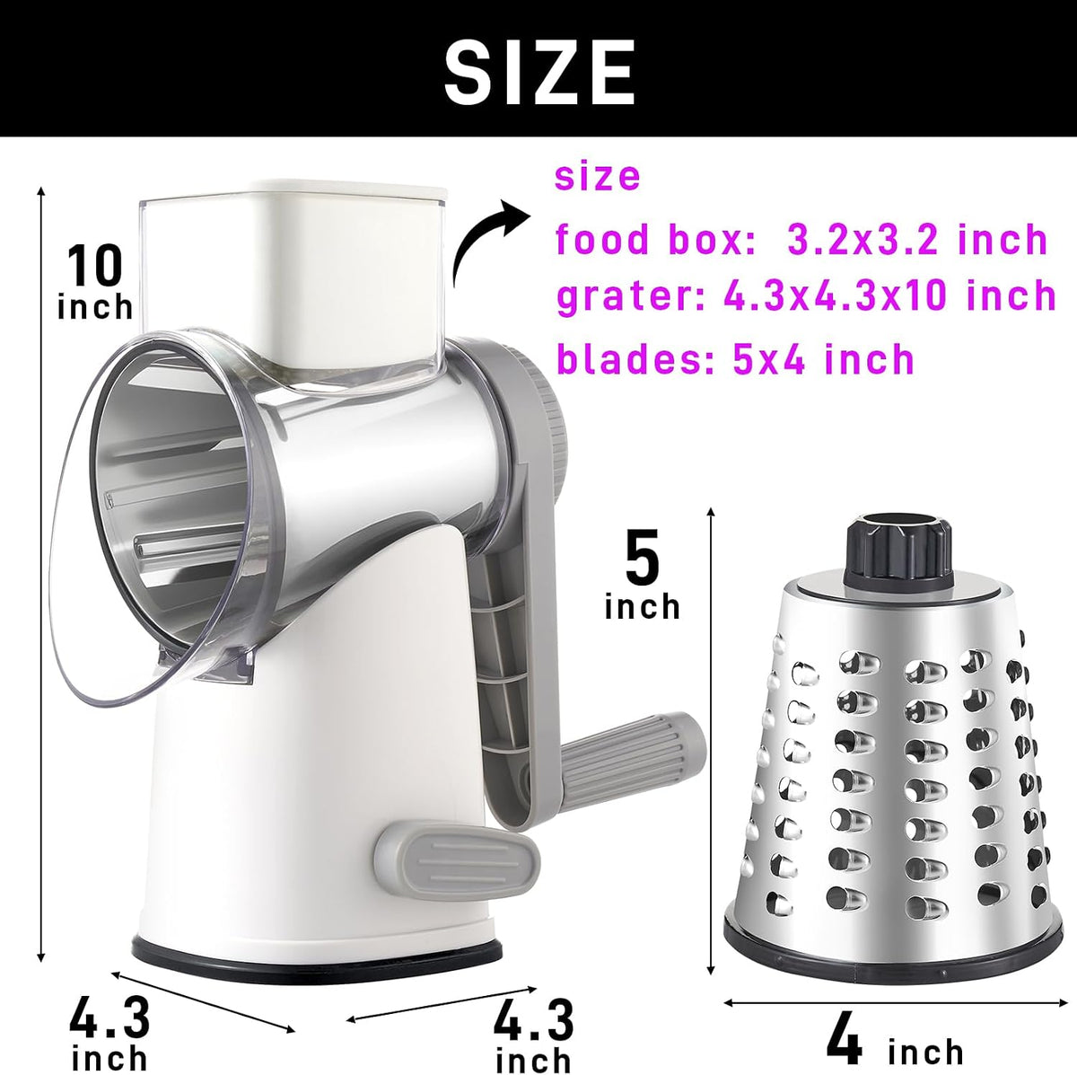 Weltonhm 4 in 1 Large Cheese Grater Hand Crank (White Grey 4 Graters)