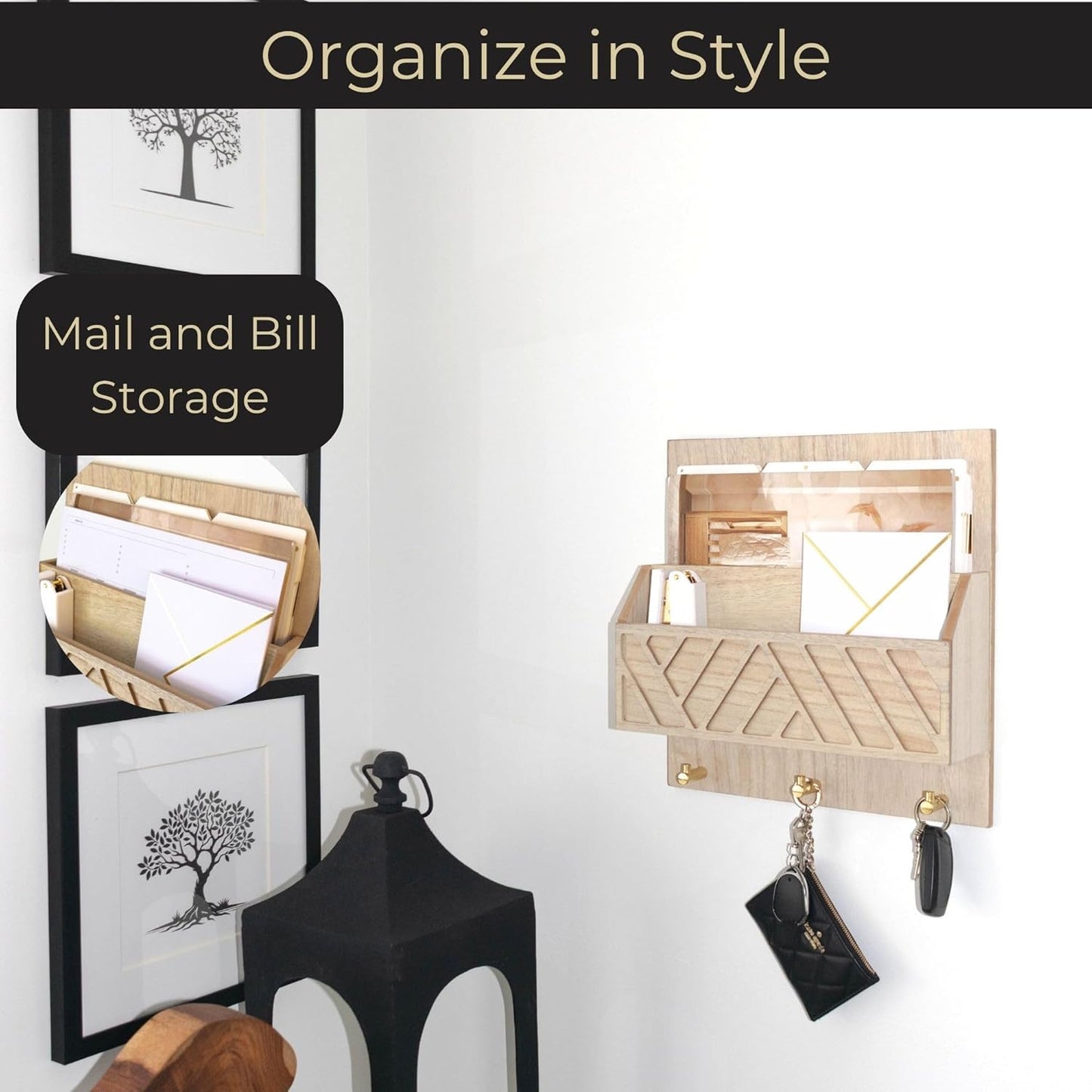 BLU MONACO Wall-Mounted Mail and Key Holder – Natural Wood 2-Tier Letter Organizer with 3 Hooks | Entryway Command Center for Mail, Keys, and Documents