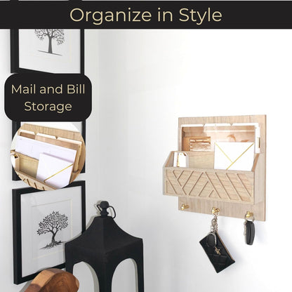 BLU MONACO Wall-Mounted Mail and Key Holder – Natural Wood 2-Tier Letter Organizer with 3 Hooks | Entryway Command Center for Mail, Keys, and Documents