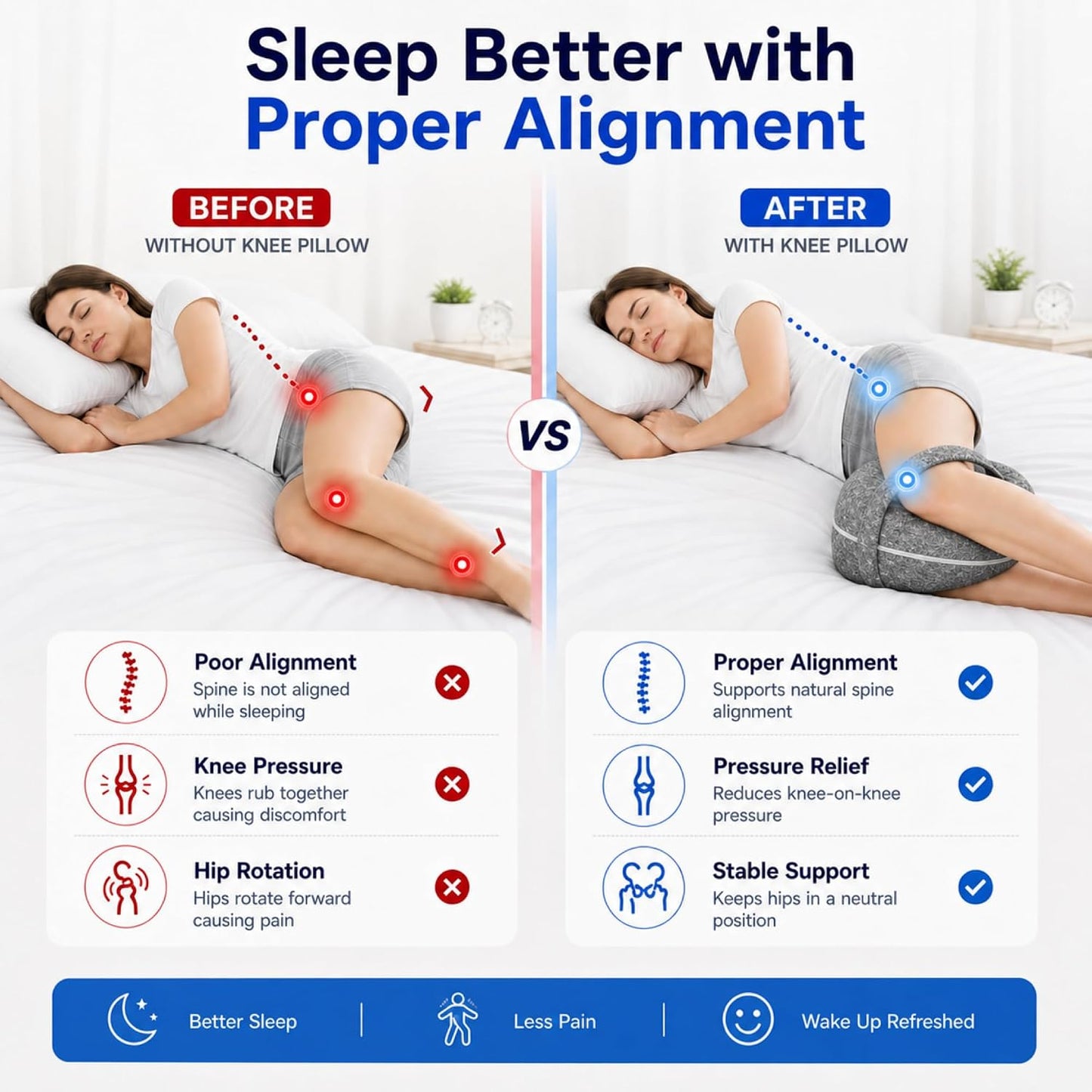 Alignment Pillow for Side Sleepers, Memory Foam Knee Pillow with Adjustable Strap, High-Density Leg Support for Hip, Back & Knee Pain Relief, Durable Side Sleeping Cushion (Navy Blue with White Dots)