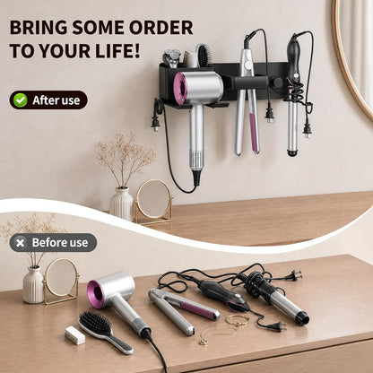 No-Drill Hair Dryer Holder Wall Mount with Storage Compartment for Bathroom | 4-in-1 Hair Tool Organizer, Blow Dryer Holder, Curler & Styler, Aluminum, Cable Mgmt, Space-Saving. Ideal for Bedroom, Salon