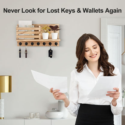 Lwenki Key Holder for Wall – Decorative Wooden Mail Holder and Key Shelf with Mounting Hardware, Installation Guide – Paulownia Wood with Metal Key Hooks (Black, Large - 11.8inch)