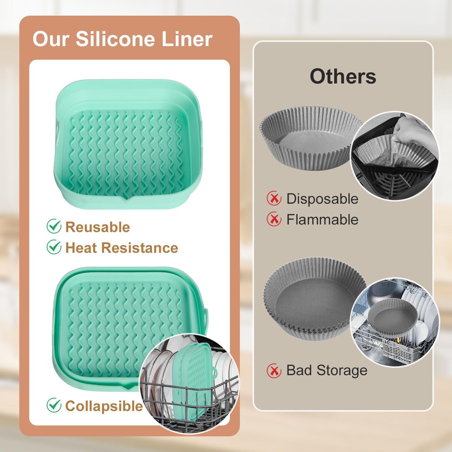 7.7 Inch Silicone Air Fryer Liners Square 2 Pack, Reusable Collapsible Dishwasher Safe Stackable Basket for Air Fryers (One Gray and One Green)