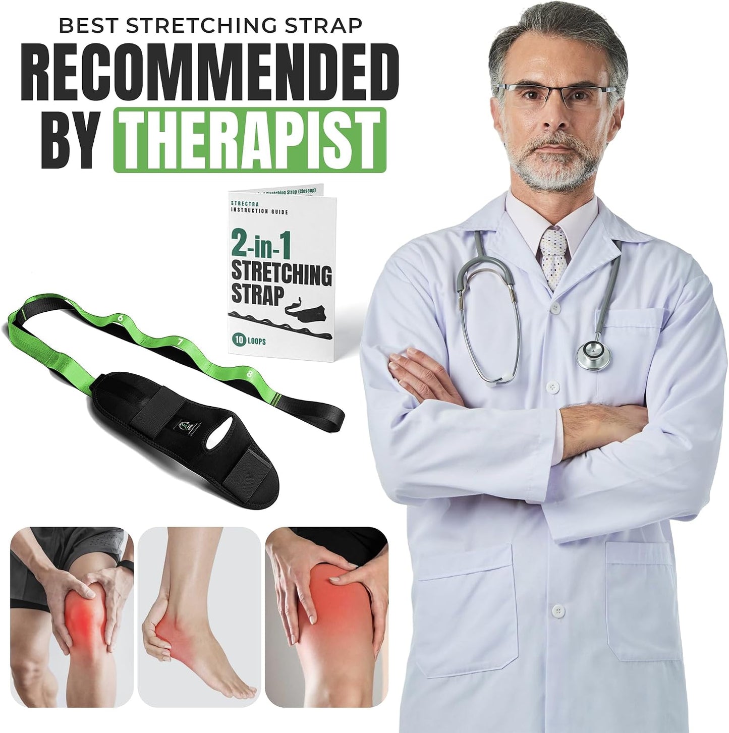 Stretch Strap with Loops Physical Therapy - Full Body Exercise Straps for Stretching with Detachable Foot - Leg & Calf Stretcher for Plantar Fasciitis, Physical Therapy, Pain Relief, and Flexibility