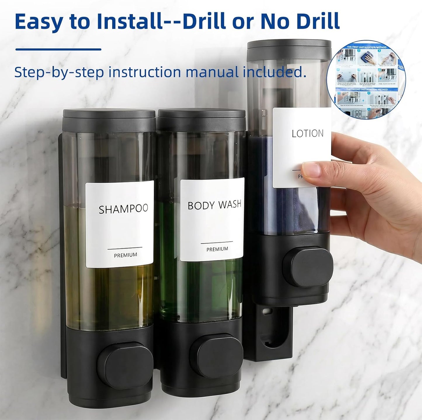 GMISUN Shower Soap Dispenser Wall Mounted with Razor Holder & Loofah Hook, No Drill Design Shampoo and Conditioner Dispenser, Plastic Shower Soap Dispenser Bottles with Labels Set of 3,Satin Silver
