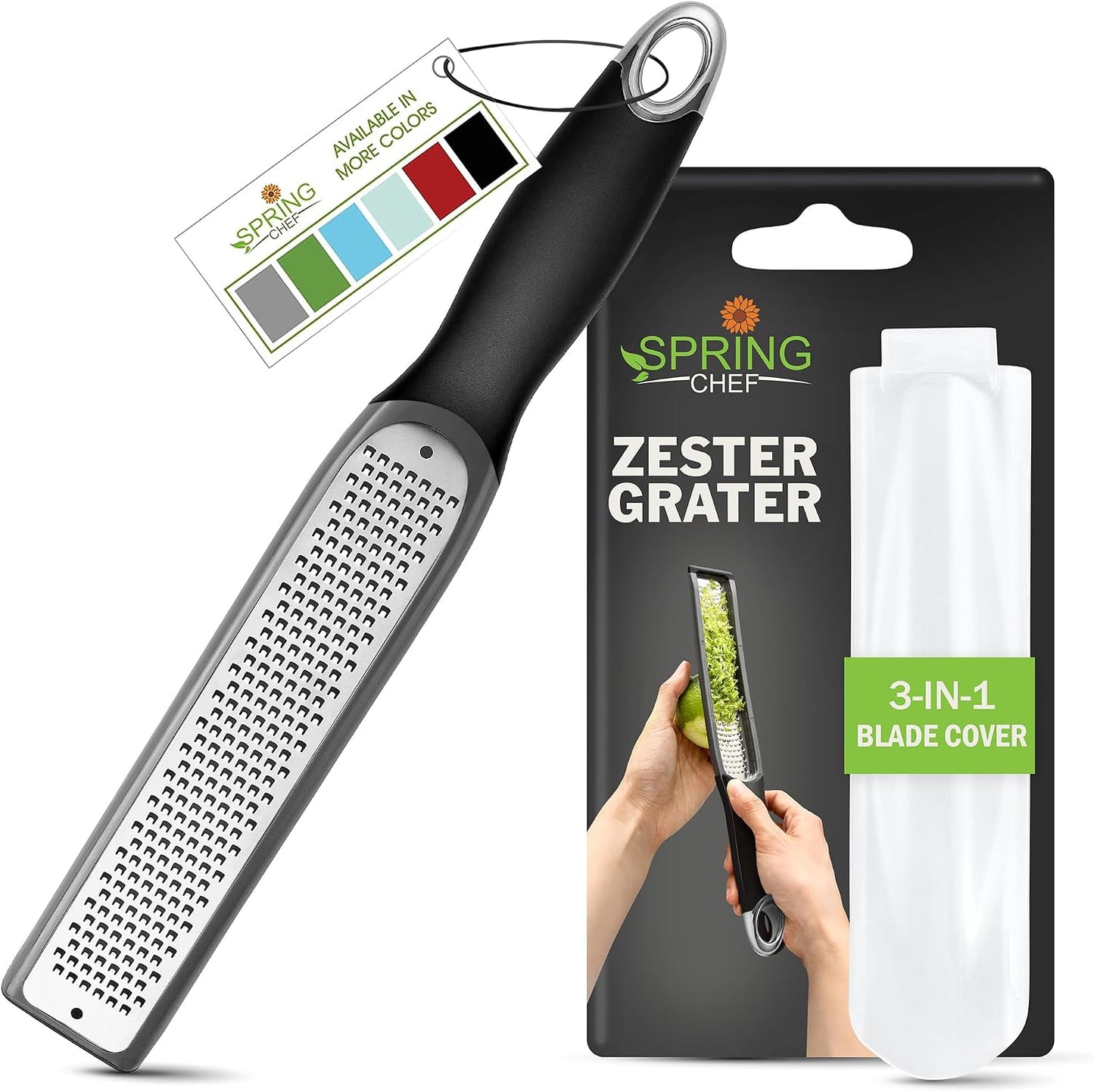 Spring Chef Stainless Steel Lemon Zester - Garlic & Ginger Grater - Gray | Premium Zester with Blade Cover, Cheese Grater with Handle for Parmesan, Nutmeg, Lime - Durable Citrus Zester, Fine Shred