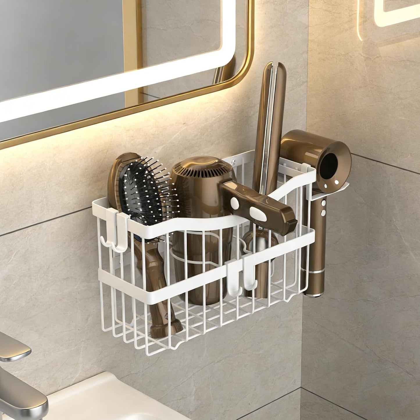 Dailyart 3-in-1 Hair Tool Organizer for Hair Dryer, Bathroom, White | Hair Dryer Holder Wall Mounted, Styling Tools Organizer for Flat Iron, Curling Wand, Hair Accessories Storage